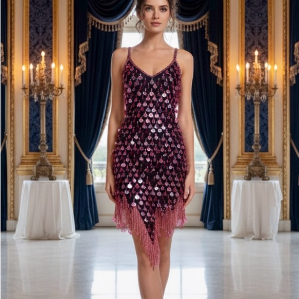 Elegant short Sequin Fringe‎ Dress - metallic red
